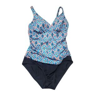 Jantzen Tankini Swimsuit One Piece Padded Blue‎ Orange Pattern Size 14